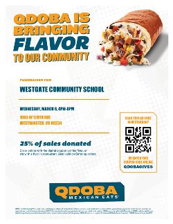 Qdoba fundraising flyer with QR code for Westgate